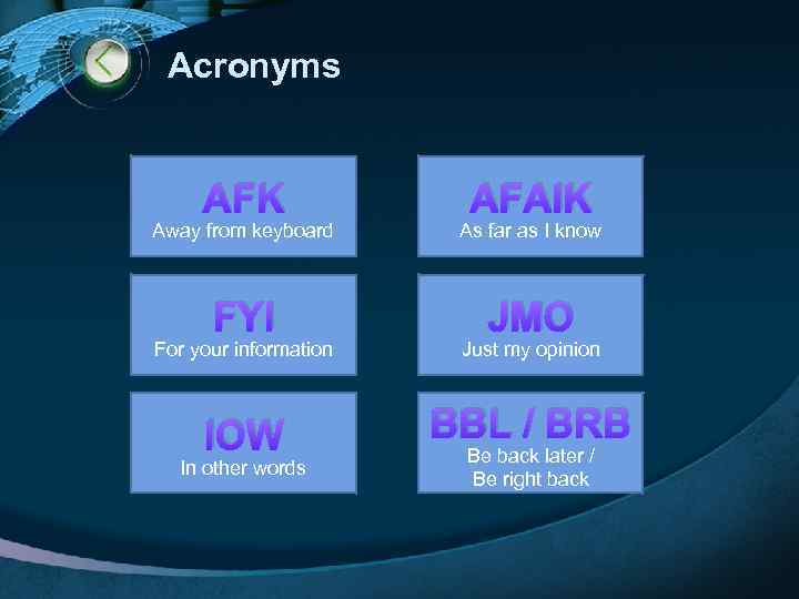 Acronyms AFK AFAIK Away from keyboard As far as I know FYI JMO For