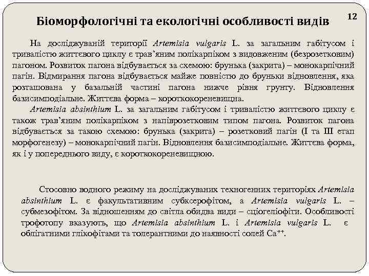 Біоморфологічні та екологічні особливості видів 12 На досліджуваній території Artemisia vulgaris L. за загальним