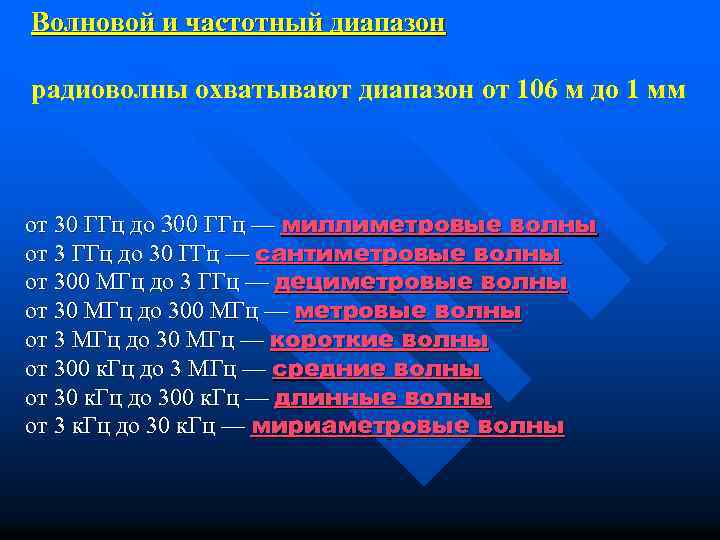 Волновой и частотный диапазон радиоволны охватывают диапазон от 106 м до 1 мм от