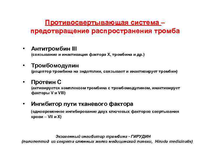 Противосвертывающая система – предотвращение распространения тромба • Антитромбин III (связывание и инактивация фактора X,