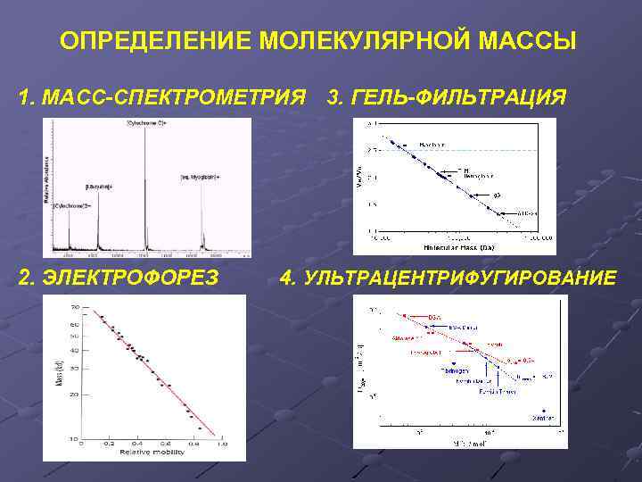 ОПРЕДЕЛЕНИЕ МОЛЕКУЛЯРНОЙ МАССЫ 1. МАСС-СПЕКТРОМЕТРИЯ 3. ГЕЛЬ-ФИЛЬТРАЦИЯ 2. ЭЛЕКТРОФОРЕЗ 4. УЛЬТРАЦЕНТРИФУГИРОВАНИЕ 