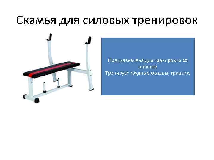 Скамья для силовых тренировок Предназначена для тренировки со штангой Тренирует грудные мышцы, трицепс. 