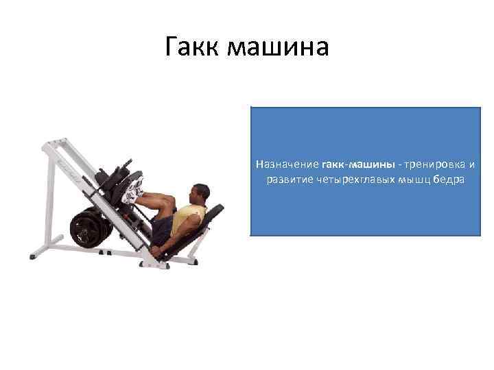 Гакк машина Назначение гакк-машины - тренировка и развитие четырехглавых мышц бедра 