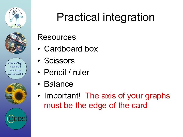 Practical integration Resources • Cardboard box • Scissors • Pencil / ruler • Balance