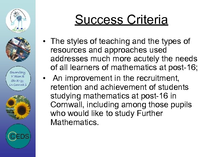 Success Criteria • The styles of teaching and the types of resources and approaches