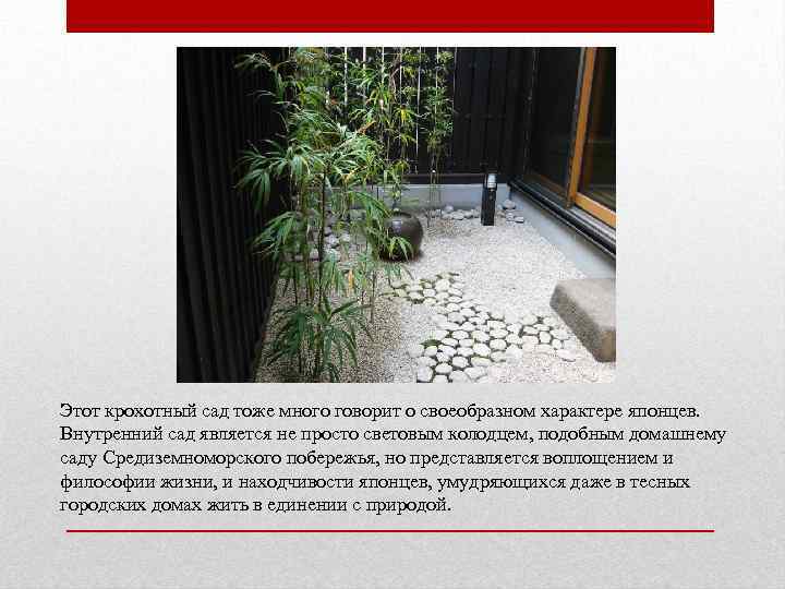 Этот крохотный сад тоже много говорит о своеобразном характере японцев. Внутренний сад является не