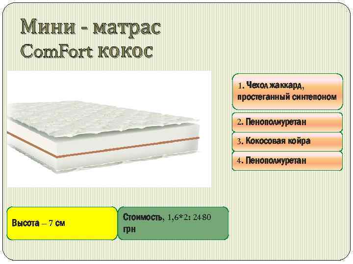 Мини - матрас Com. Fort кокос 1. Чехол жаккард, простеганный синтепоном 2. Пенополиуретан 3.