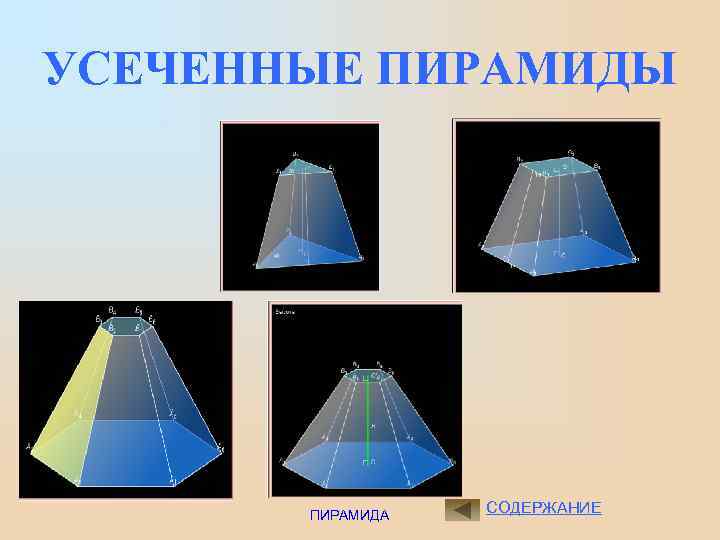 УСЕЧЕННЫЕ ПИРАМИДЫ ПИРАМИДА СОДЕРЖАНИЕ 