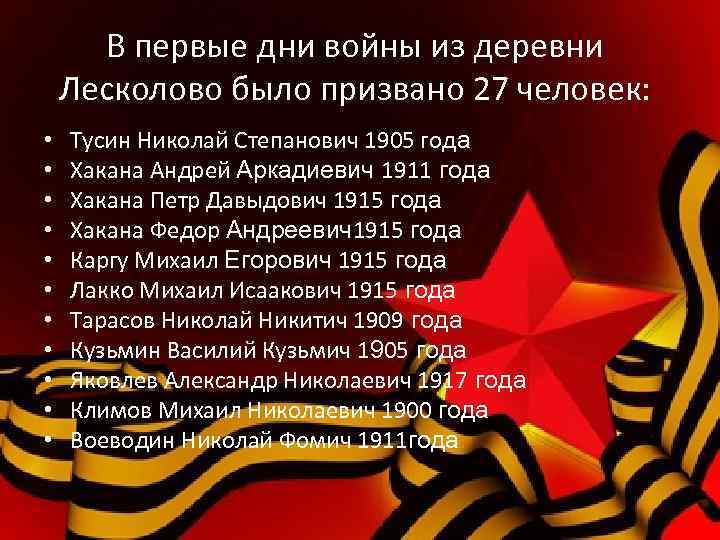 В первые дни войны из деревни Лесколово было призвано 27 человек: • • •