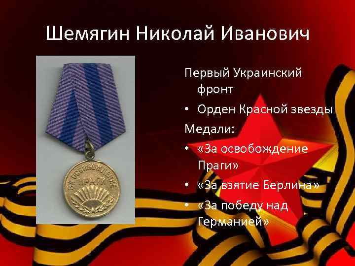Шемягин Николай Иванович Первый Украинский фронт • Орден Красной звезды Медали: • «За освобождение