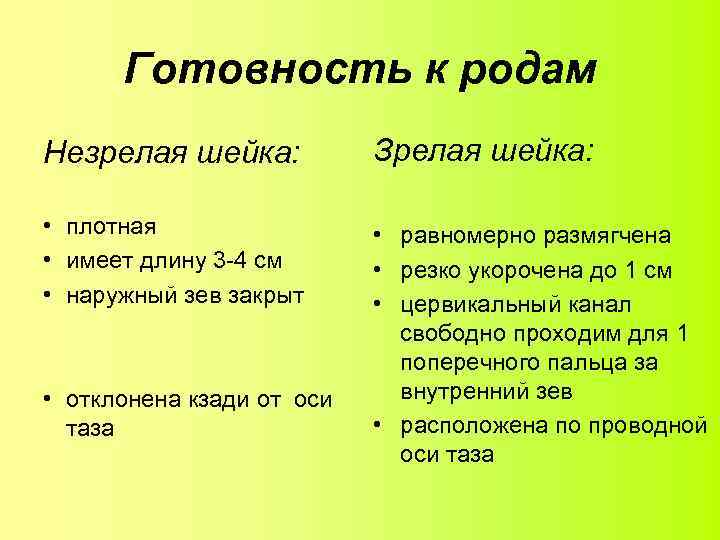 Готовность к родам Незрелая шейка: Зрелая шейка: • плотная • имеет длину 3 -4