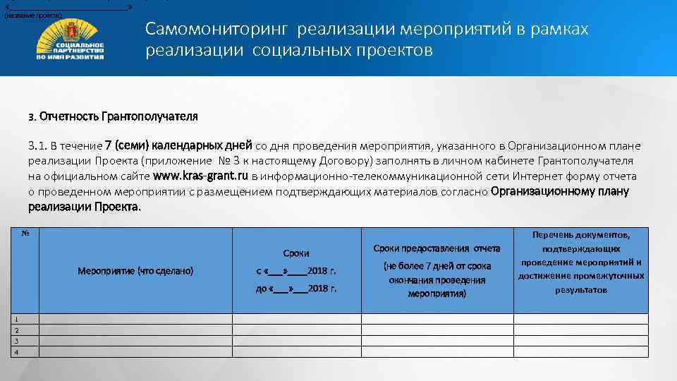  «_____________» (название проекта) Самомониторинг реализации мероприятий в рамках реализации социальных проектов 3. Отчетность