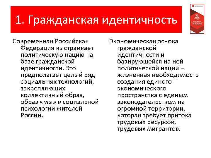 1. Гражданская идентичность Современная Российская Федерация выстраивает политическую нацию на базе гражданской идентичности. Это