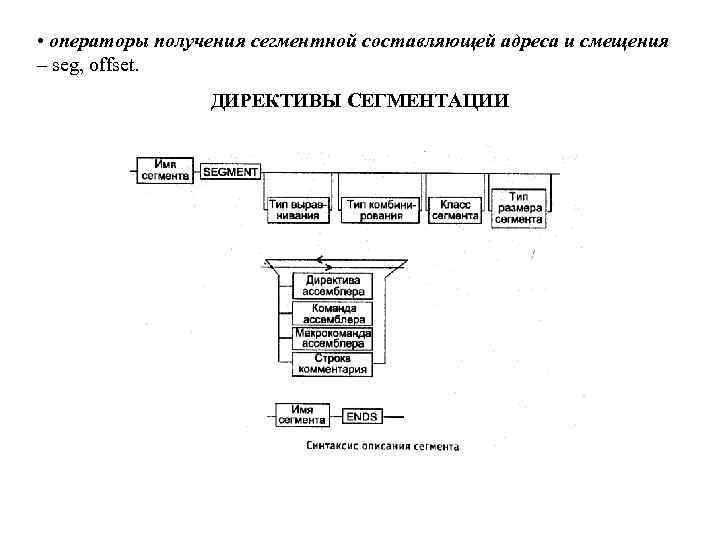  • операторы получения сегментной составляющей адреса и смещения – seg, offset. ДИРЕКТИВЫ СЕГМЕНТАЦИИ