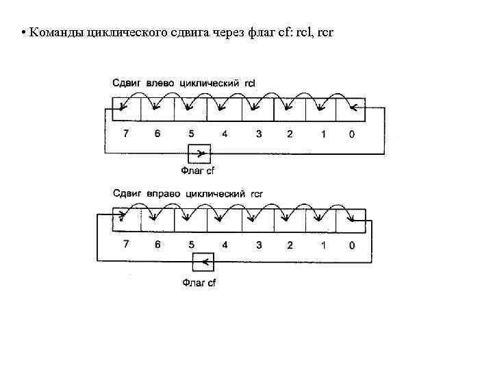  • Команды циклического сдвига через флаг cf: rcl, rcr 