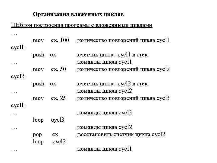 Организация вложенных циклов Шаблон построения программ с вложенными циклами … mov cx, 100 ;