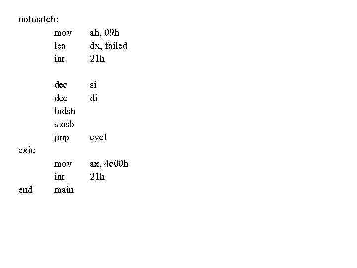 notmatch: mov lea int ah, 09 h dx, failed 21 h dec lodsb stosb