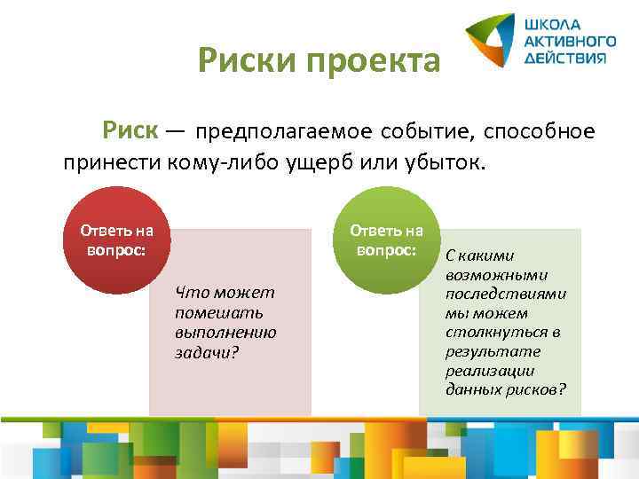 Риски проекта Риск — предполагаемое событие, способное принести кому-либо ущерб или убыток. Ответь на