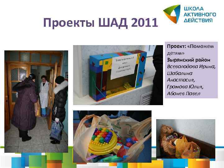 Проекты ШАД 2011 Проект: «Поможем детям» Зырянский район Всеволодова Ирина, Шабалина Анастасия, Громова Юлия,
