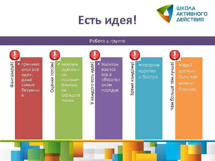 Есть идея! • говорим коротко и быстро Чем больше тем лучше! • высказы ваются