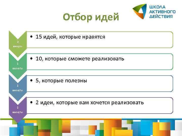 Отбор идей • 15 идей, которые нравятся 2 минуты • 10, которые сможете реализовать