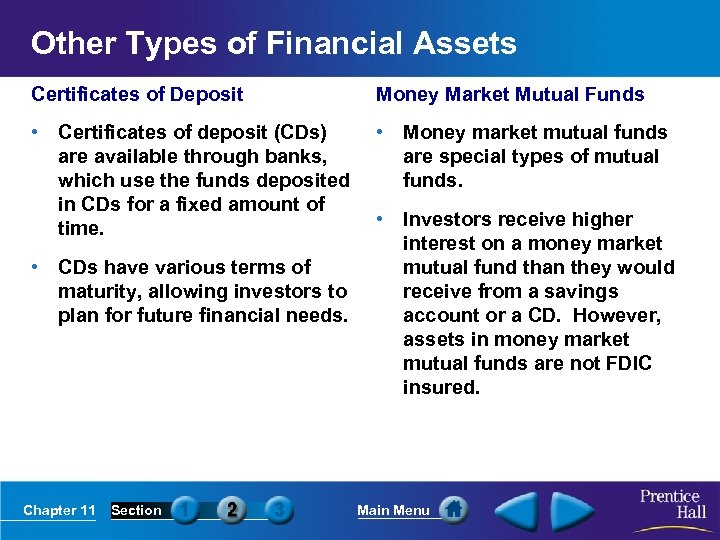 Other Types of Financial Assets Certificates of Deposit Money Market Mutual Funds • Certificates