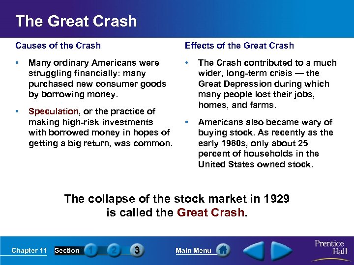 The Great Crash Causes of the Crash Effects of the Great Crash • Many