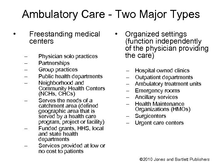 Ambulatory Care - Two Major Types • Freestanding medical centers – – – –