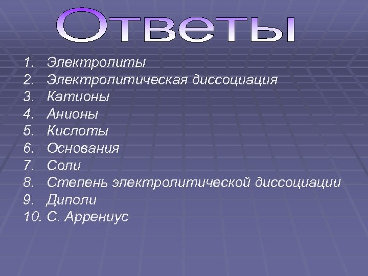 1. Электролиты 2. Электролитическая диссоциация 3. Катионы 4. Анионы 5. Кислоты 6. Основания 7.