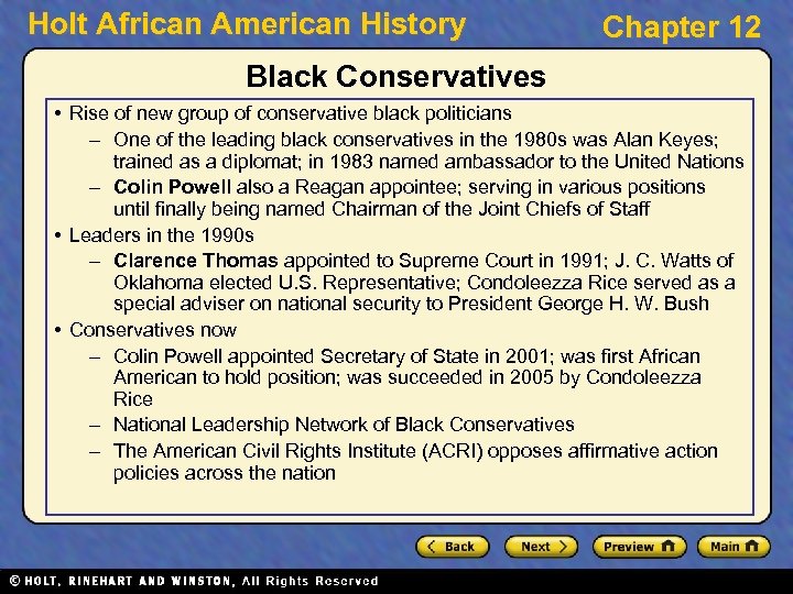 Holt African American History Chapter 12 Black Conservatives • Rise of new group of