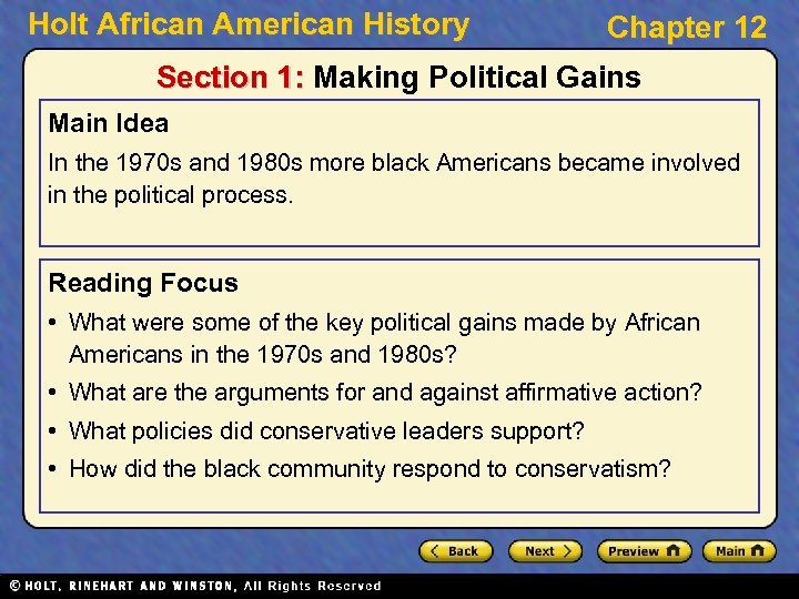 Holt African American History Chapter 12 Section 1: Making Political Gains Main Idea In