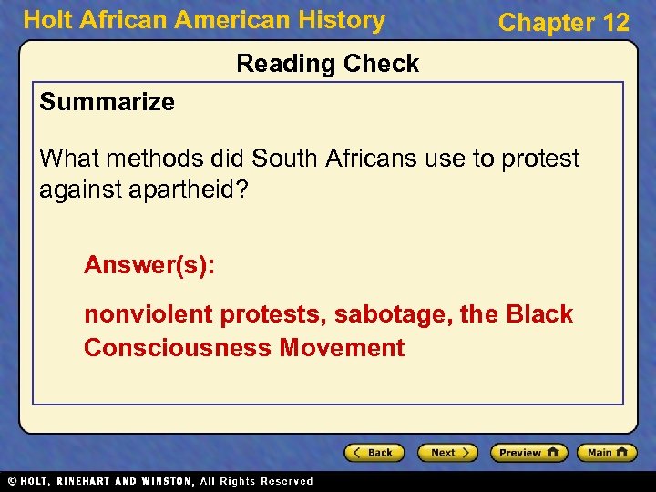 Holt African American History Chapter 12 Reading Check Summarize What methods did South Africans