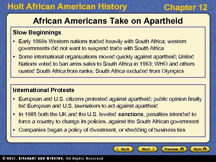 Holt African American History Chapter 12 African Americans Take on Apartheid Slow Beginnings •