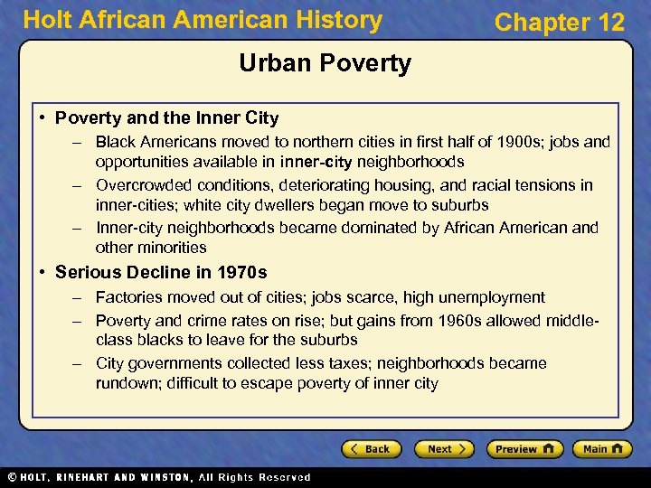 Holt African American History Chapter 12 Urban Poverty • Poverty and the Inner City