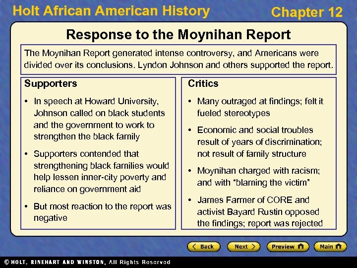 Holt African American History Chapter 12 Response to the Moynihan Report The Moynihan Report