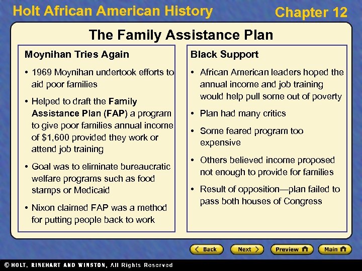 Holt African American History Chapter 12 The Family Assistance Plan Moynihan Tries Again Black