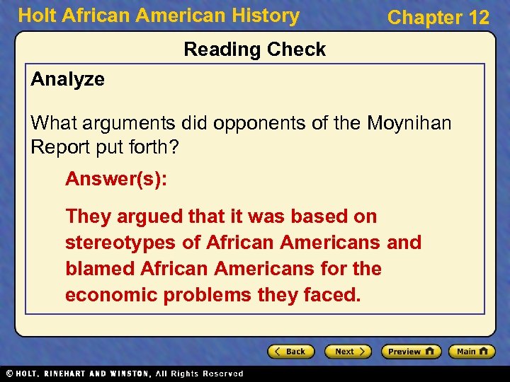 Holt African American History Chapter 12 Reading Check Analyze What arguments did opponents of