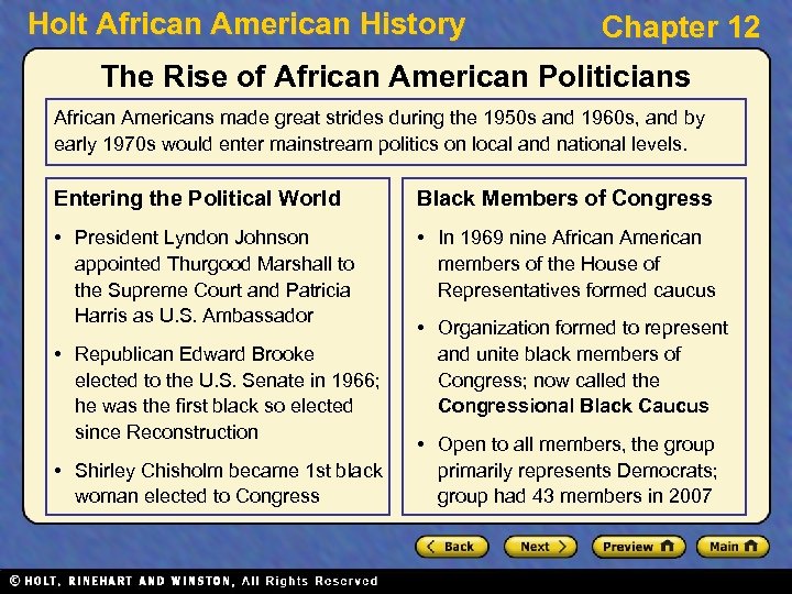 Holt African American History Chapter 12 The Rise of African American Politicians African Americans