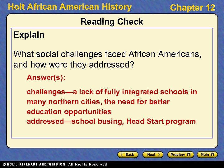 Holt African American History Chapter 12 Reading Check Explain What social challenges faced African