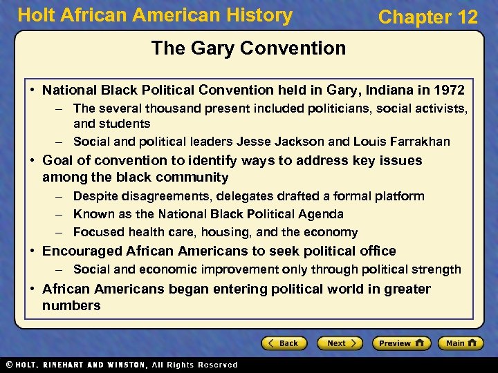 Holt African American History Chapter 12 The Gary Convention • National Black Political Convention