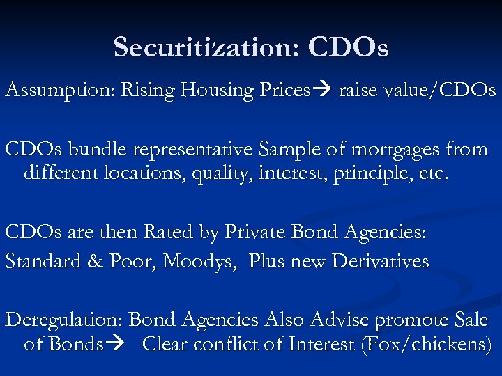 Securitization: CDOs Assumption: Rising Housing Prices raise value/CDOs bundle representative Sample of mortgages from