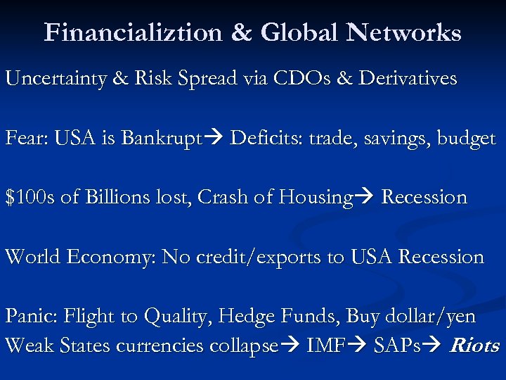 Financializtion & Global Networks Uncertainty & Risk Spread via CDOs & Derivatives Fear: USA