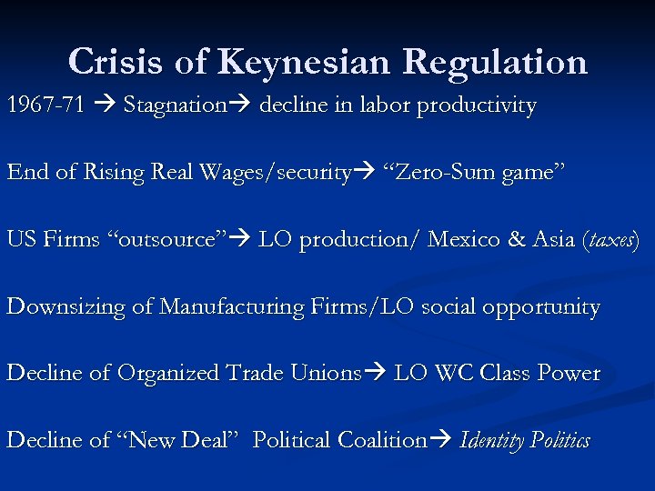Crisis of Keynesian Regulation 1967 -71 Stagnation decline in labor productivity End of Rising