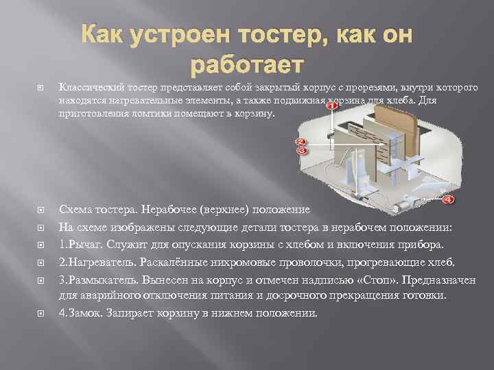 Как устроен тостер, как он работает Классический тостер представляет собой закрытый корпус с прорезями,