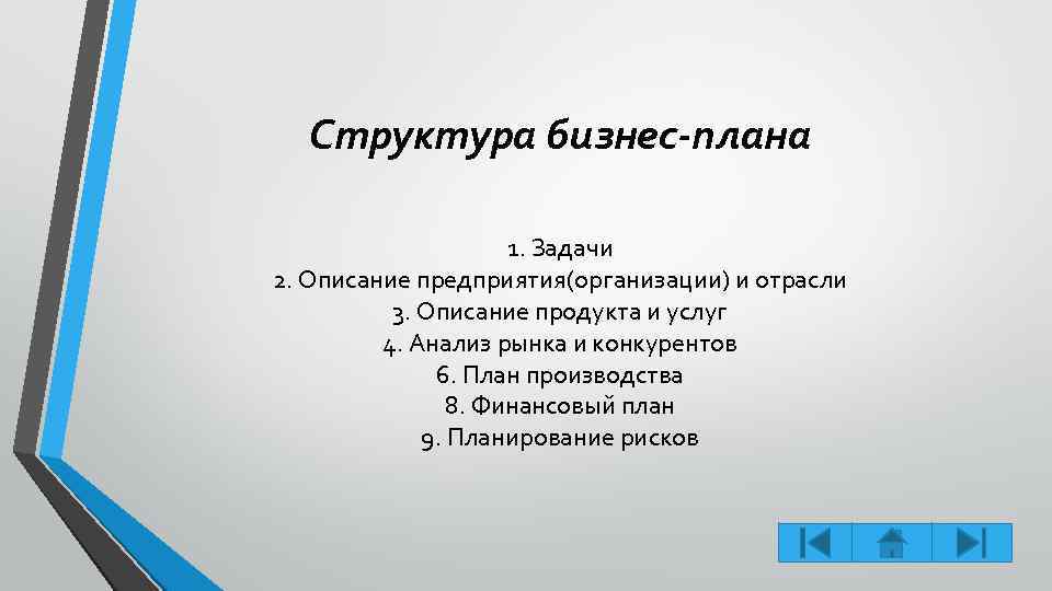 Структура бизнес-плана 1. Задачи 2. Описание предприятия(организации) и отрасли 3. Описание продукта и услуг