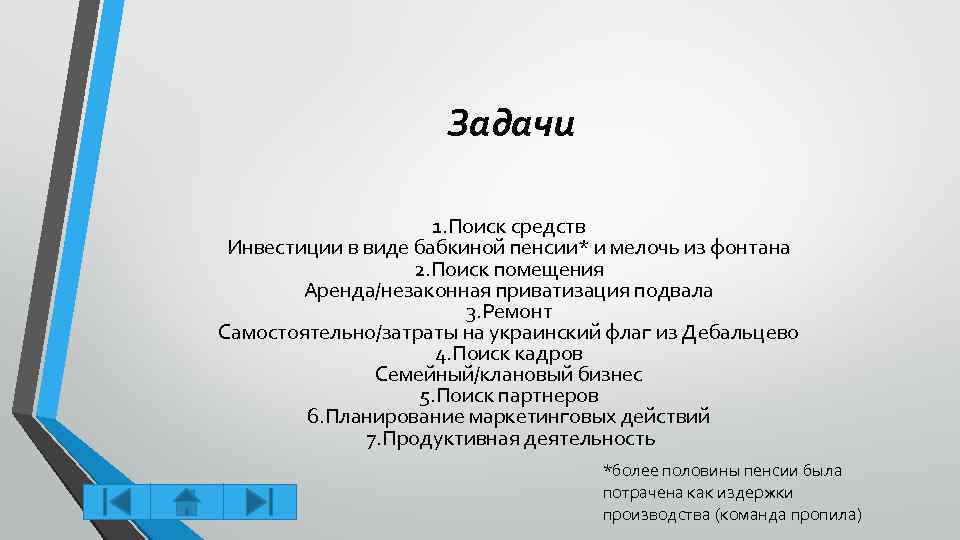 Задачи 1. Поиск средств Инвестиции в виде бабкиной пенсии* и мелочь из фонтана 2.