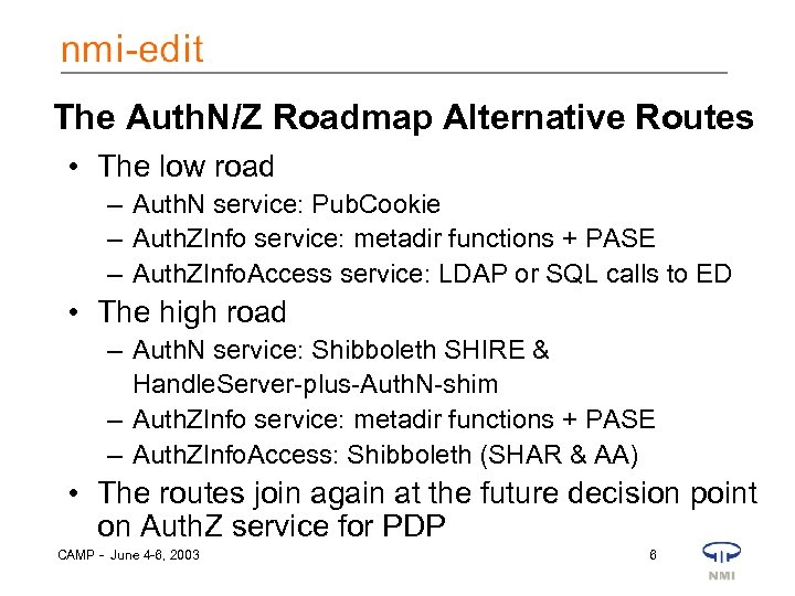 The Auth. N/Z Roadmap Alternative Routes • The low road – Auth. N service: