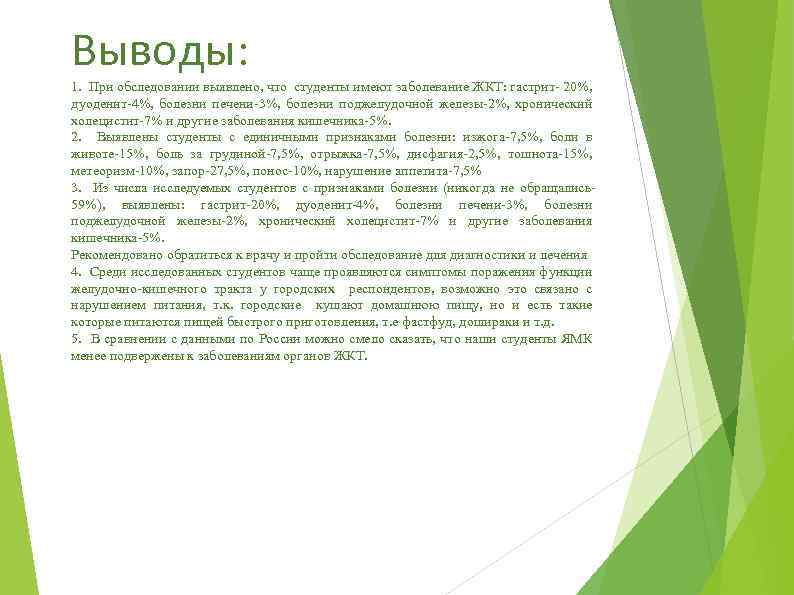 Выводы: 1. При обследовании выявлено, что студенты имеют заболевание ЖКТ: гастрит- 20%, дуоденит-4%, болезни