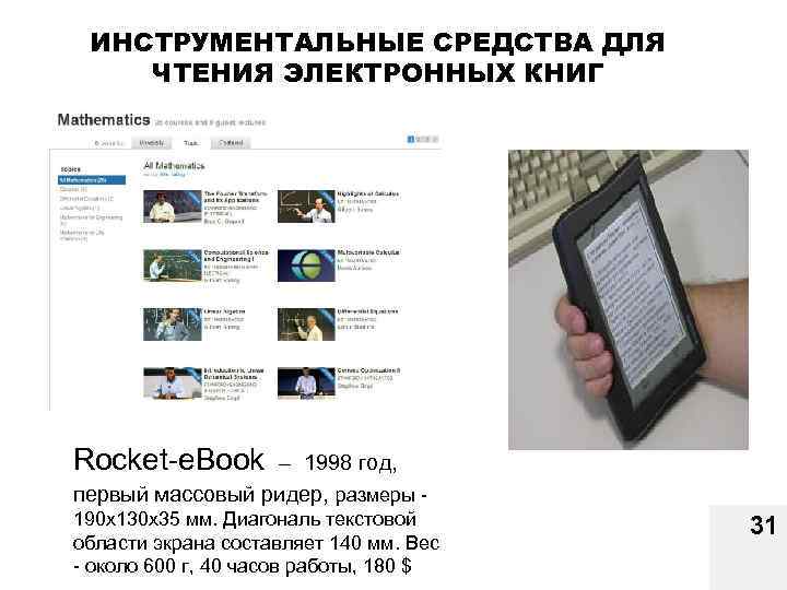 ИНСТРУМЕНТАЛЬНЫЕ СРЕДСТВА ДЛЯ ЧТЕНИЯ ЭЛЕКТРОННЫХ КНИГ Rocket-e. Book – 1998 год, первый массовый ридер,