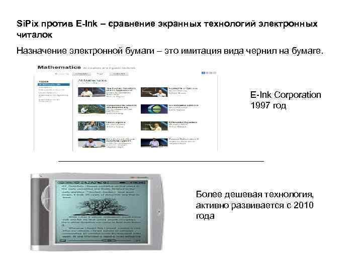 Si. Pix против E-Ink – сравнение экранных технологий электронных читалок Назначение электронной бумаги –